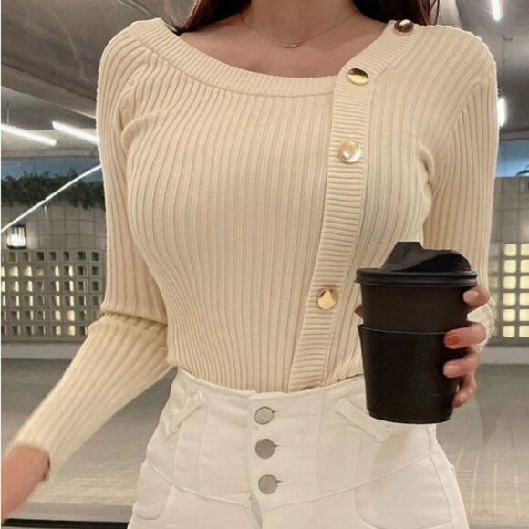 rib knit asymmetrical button detail sweater - Picture 6 of 8